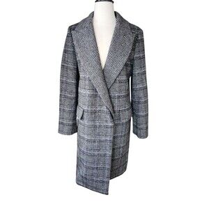 BCBGMAXAZRIA Preppy Plaid Mid Length Coat Womens Small Valentina Old Money Black